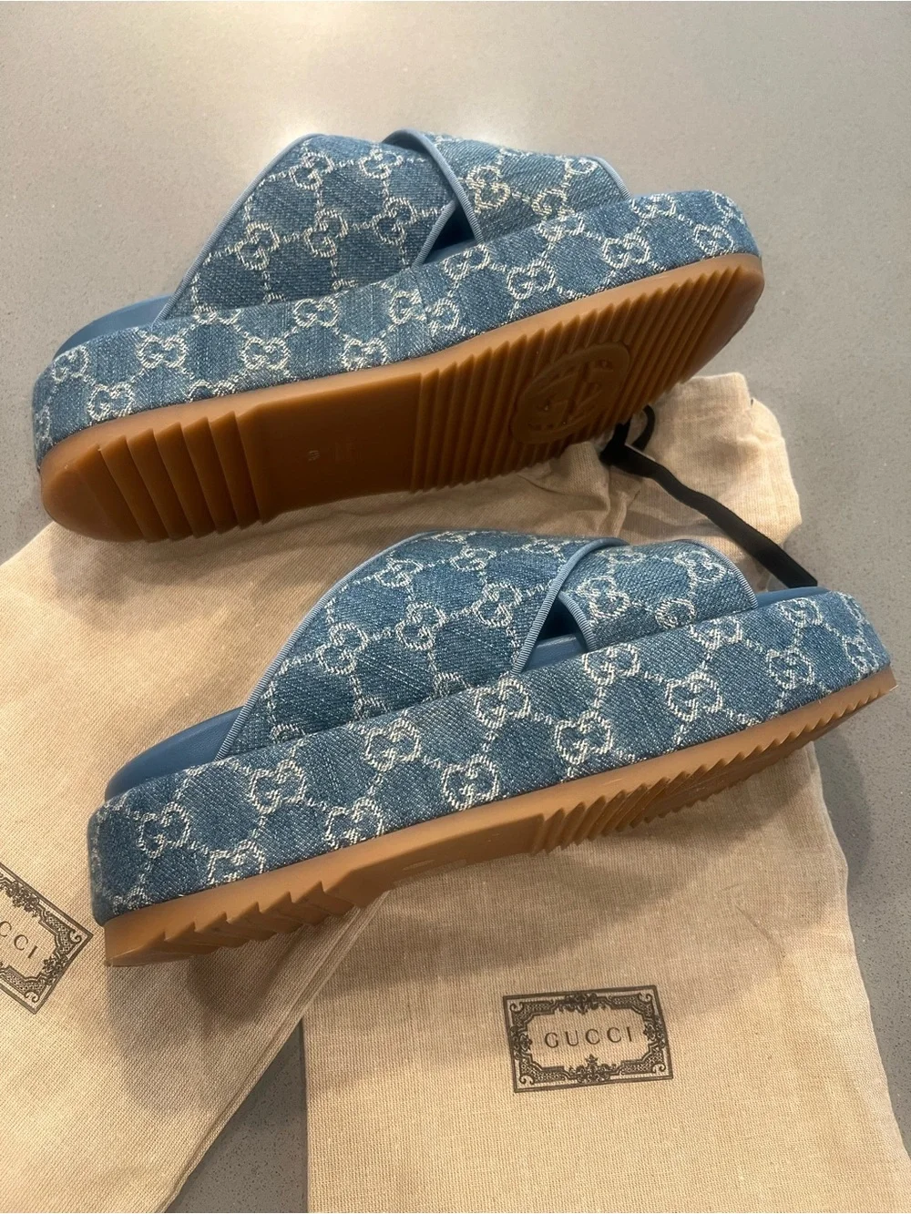 Gucci Blue GG Denim Crisscross Slide Sandals